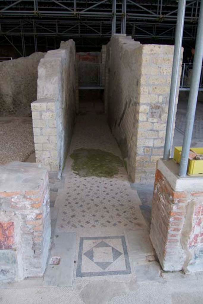 Villa dei Papiri, Herculaneum. July 2010. Corridor h, with mosaics in opus tessellatum (woven style).
Photo courtesy of Michael Binns.
White regular cubic tesserae form a white background of oblique courses that is characterized by the irregular dotting of black tesserae, limestone fragments and coloured marbles, and can be ascribed to the Second Style.
The walls of corridor (h) were built in opus reticulatum with 8– 10 cm wide irregularly arranged cubilia; they were
extensively damaged and in a number of cases the wall surface was missing.
Until the most recent excavation the corridor was still full of the backfilling material of a Bourbon tunnel that ran at its entire length, as indicated by Weber’s plan. To avoid possible landslides and the collapse of the structure, the tunnel had been closed with a retaining wall erected with waste material. The presence of wall painting fragments in the filling of the tunnel suggests that the Bourbon workers used materials taken from the nearby rooms.
See Esposito D. and Guidobaldi M., 2010. New Archaeological Research at the Villa of the Papyri, in the Villa of the Papyri at Herculaneum. Berlin: De Gruyter, p. 25, fig. 5, fig. 4.